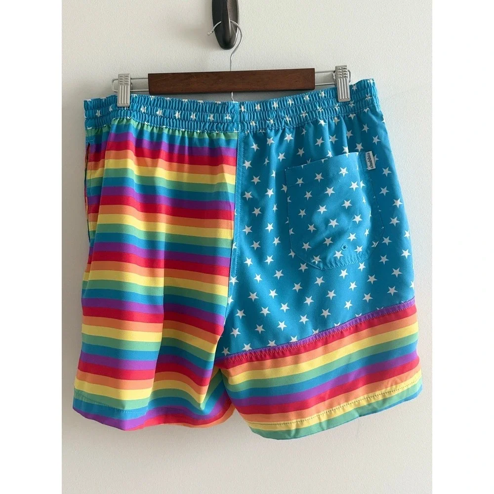 Chubbies Swim Trunks Rainbow Stars Blue Polyester Americana Pride Shorts XL 5.5